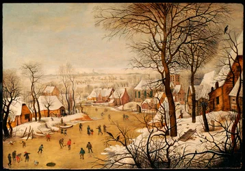 Eine Winterlandschaft mit Schlittschuhläufern und einer Vogelfalle