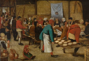 Bauernhochzeit in einer Scheune, um 1616