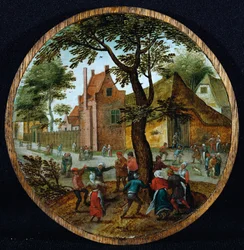 Bauern tanzen um einen Baum in einer Dorfstraße, 1625