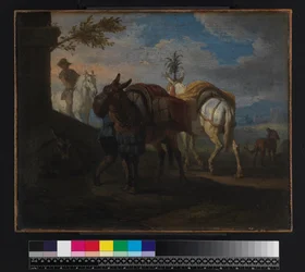 Maultiere, die am Straßenrand haltmachen, vor 1720