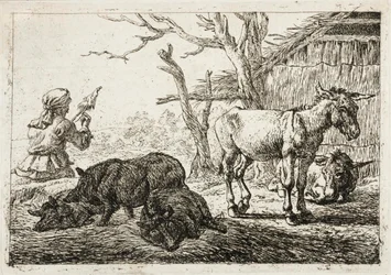 Schweine und Esel in einem Stall, links eine Spinnerin