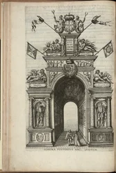 Flüsse Tagus, Plata, Ganges und Hydaspes. Die Rückseite des portugiesischen Triumphbogens, Einzug von Ernst, Erzherzog von Österreich, in Antwerpen, veröffentlicht 1595 (Gravur)