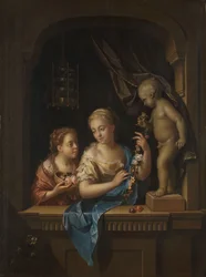 Zwei Mädchen mit Blumen bei einer Statue von Cupido