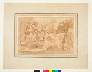 Landschaft mit einem Ruinengebäude zwischen Bäumen