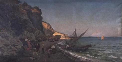 Fischer in einer Bucht bei Sonnenuntergang