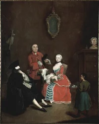 Der Maskenbesuch Bauta (Bautta) Charakter in venezianischem Kostüm bestehend aus schwarzem Umhang, schwarzem Dreispitz und weißer Maske - (Besuch in Bauta-Maske) Gemälde von Pietro Longhi (1702-1785) um 1760 Venedig, Ca