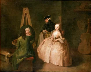 Das Atelier des Malers. Der Maler vor seiner Staffelei porträtiert eine junge Frau. Gemälde von Pietro Longhi (1702-1785) 1740-1745