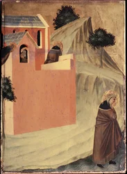 Der Heilige verlässt das Kloster von St. Perpetua und überquert den Fluss Lamone (Polyptychon des Lebens der Heiligen Demut) - Tempera auf Holz 14. Jahrhundert