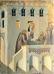 Der Selige heilt den Fuß eines Mönchs der Abtei Vallombrosa, Kachel auf dem Altarbild der Seligen Demut