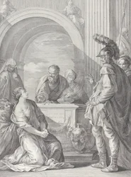 Jephtas Tochter kniet am Opferaltar, mit ihrem Vater stehend rechts, 1730-50