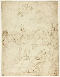 Heiliger erscheint Herrscher (recto); Fliegender Putto (verso)