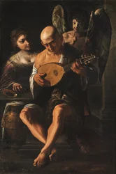 Ein älterer Mann spielt Gitarre mit einer Frau und einem Putto