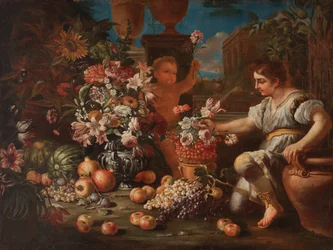 Ein Junge und ein Putto zwischen Blumen und Früchten