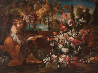 Ein Mädchen zwischen Blumen und Früchten