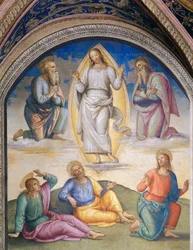 Die Verklärung: Christus in Weiß gekleidet, umgeben von Moses und Elia, darunter die Apostel Johannes, Petrus und Jakobus