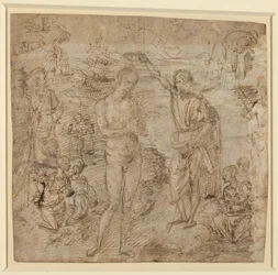 a) Die Taufe Christi; b) Gewandete Figur mit Buch und Mann mit Axt, um 1475
