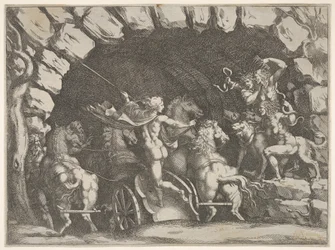 Pluto, von hinten gesehen, betritt die Unterwelt auf seinem Streitwagen, Cerberus und drei Furien..., ca. 1680