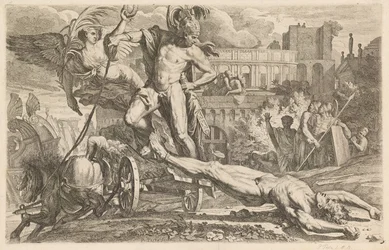 Achilleus schleift Hektors Leichnam um die Mauern von Troja