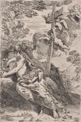 Maria Magdalena in der Wüste, ein Kreuz von Engeln getragen