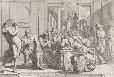 Platons Symposium: Sokrates und seine Gefährten sitzen um einen Tisch und diskutieren über ideale Liebe, 1648