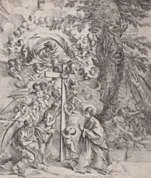 Der Traum des heiligen Joseph, der rechts schläft, die Jungfrau und das Kind bei einem Kreuz