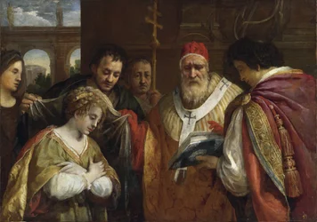 Heilige Domitilla empfängt den Schleier von Papst Clemens I.