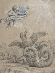 Design mit einem Adler, der mit einer Schlange kämpft, und einem Putto im Himmel, 17. Jahrhundert