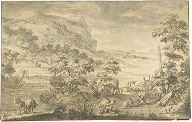Italienische Küstenszene mit Fischern, Lager (recto); Flussmündung (verso)