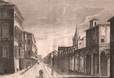 Ansicht der Strada Maggiore in Bologna, Emilia-Romagna, Italien, Kupferstich von C Lambertini nach einer Zeichnung von Pio Panfili, ca. 13,5x19 cm