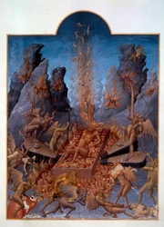 Hölle. Teufel bedienen Blasebälge, um das Feuer anzufachen, die Verdammten zu verbrennen und sie verschiedenen Qualen auszusetzen. Miniatur in „Les Très Riches Heures du Duc de Berry“. Gemälde von Pol de Limbourg (15. Jahrhundert)