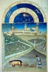 Der Monat März: Das Pflügen. Im Vordergrund landwirtschaftliche Arbeit, Bauern pflügen ein Feld, der Rebschnitt, im Hintergrund das Schloss von Lusignan - Miniatur in „Die sehr reichen Stunden des Herzogs von Berry“ von Pol De Limburg (15. Jahrhundert)