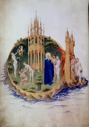 Die Erbsünde, Adam und Eva aus dem Paradies vertrieben. Miniatur in „Das sehr reiche Stundenbuch des Herzogs von Berry“ (15. Jahrhundert). Chantilly, Musée Condé