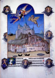 Ansicht des Mont-Saint-Michel: Der Erzengel Michael und der geflügelte Drache sind im Kampf in der Luft dargestellt. Flämische Miniatur von Pol de Limbourg aus „Das Buch der guten Sitten“ von Jacques Legrand (1360-1415/1418), Johannes gewidmet.