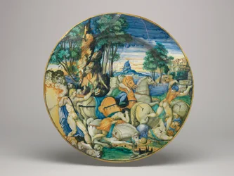 Majolika-Schale, Apollo tötet die Söhne der Niobe - Form ungefähr 64 mit schlichtem Rand, Basis der Schale, 1548