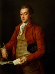 Porträt des Hon. Lionel Damer, Halbfigur in rotem Mantel mit grauer Weste und weißem Krawatt, hält ein Papier und eine Feder