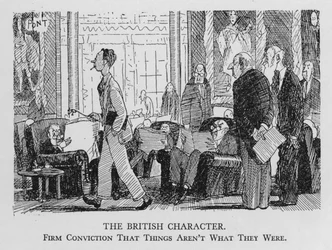 Der britische Charakter; Feste Überzeugung, dass die Dinge nicht mehr so sind wie früher (Lithographie)