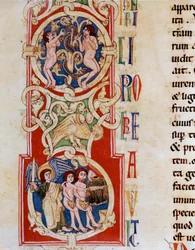 Adam und Eva nahe dem Baum der Erkenntnis, darunter werden sie aus dem Paradies vertrieben. Miniatur aus „Das Alte Testament“ aus dem Kloster Santa Cruz in Coimbra, Portugal. 12. Jahrhundert, Porto, Stadtbibliothek