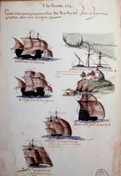 Manuskriptseite „Erinnerungen an die Armadas Portugals unter König Manuel I. (1469-1521)“, welche die portugiesischen Flotten des Jahres 1497 darstellt. 1500. Lissabon, Nationalmuseum für Alte Kunst.