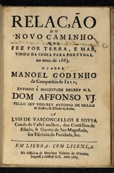 Titelseite von Manuel Godinho, Relação do Novo Caminho que Fez por Terra e Mar, Vindo da India para Portugal no Ano de 1663, Lissabon: Henrique Valente de Oliveira