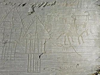 Prähistorie, Camunni-Zivilisation, Felskunst: Grabstein mit Szenen des Alltagslebens