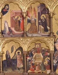 Polyptychon der Entschlafung der Jungfrau, (Detail) St. Gregor der Große betet für die Erlösung der Seele von Trajan, die Verkündigung, die Flucht nach Ägypten und Jesus mit den Ärzten