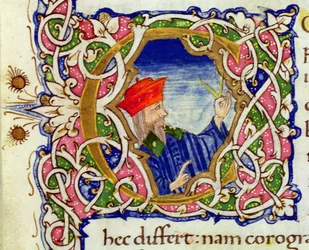 Ms Lat 463 fol.21r Historiierte Initiale „C“ mit einem Porträt des Ptolemäus (ca. 90-168) aus einer Weltkarte