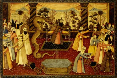 Und er warf seinen Stab nieder, und er verwandelte sich in eine Schlange, und Mose floh davor, ca. 1860-70