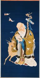 Großer Kesi-Hänger mit Shoulao, der einen Pfirsich hält, einen Wurzelholzstab mit Drachenkopf umarmt, neben einem Hirsch und zwei fliegenden Fledermäusen, 1796-1820