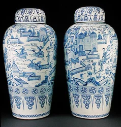 Ein Paar blau-weiße Soldatenvasen, ca. 1700