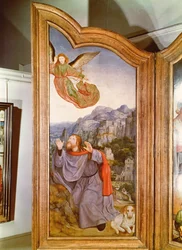 Die Heilige Sippe oder der Altar von St. Anna, Detail des linken Panels, das die Verkündigung an Joachim darstellt, 1509