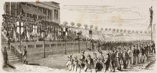 Preisverleihung an die Gewinner des nationalen Schießwettbewerbs in Mailand, Italien, Gravur von Quinto Cenni aus L