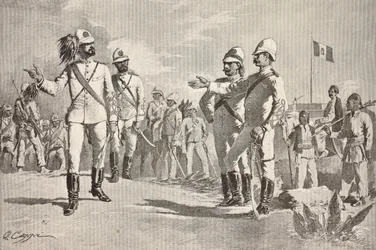 Italienische und einheimische Soldaten in Uniformen der italienischen Armee in Afrika, Massawa, Eritrea, Gravur nach einer Zeichnung von Quinto Cenni, aus L