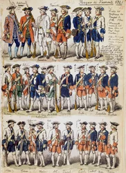 Uniformen der Truppen des Königreichs Piemont im Jahr 1744, Tafel aus dem Cenni-Codex, Sammlung militärischer Skizzen von Quinto Cenni