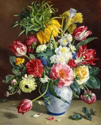 Tulpen, Rosen, Narzissen und andere Blumen in einer blau-weißen Vase